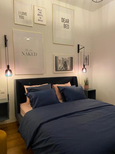 a bedroom with a bed with blue sheets and pictures on the wall at Cozy apt w/ king bed great for discovering Liege in Liège