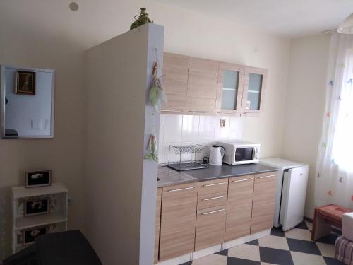 a kitchen with a counter top and a microwave at Къща за гости Синьо Лято in Pomorie