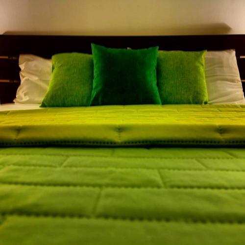 a green bed with white pillows and green sheets at Nicuzza in Martano