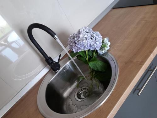 eine Vase lila Blumen in einem Waschbecken in der Unterkunft apartman_maree in Herceg-Novi