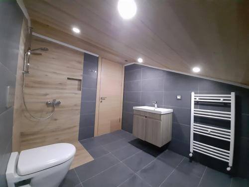 uma casa de banho com um WC, um lavatório e um chuveiro em Liva Teras uzungöl em Uzungol
