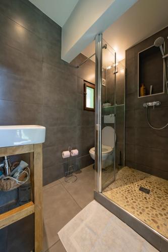 une salle de bain avec une douche, un lavabo et des toilettes dans l'établissement Les Échoppes, à Annecy