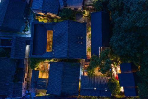 an overhead view of blue buildings in a city at Yangshuo Secret Garden in Yangshuo