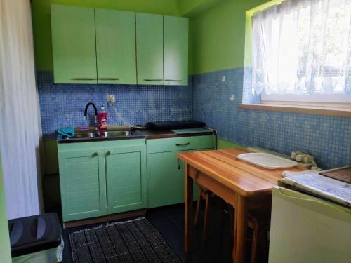 kuchnia z zielonymi szafkami i drewnianym stołem w obiekcie Pokoje i Apartamenty u Anny w mieście Mikołajki