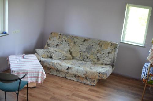 a living room with a couch and a table at Lauku namiņš - Country cottage in Vecpiebalga