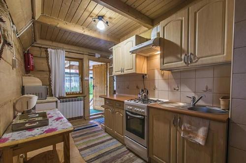 una cucina con lavandino e piano cottura forno superiore di Domki Bacówka Pod Skocznią a Zakopane