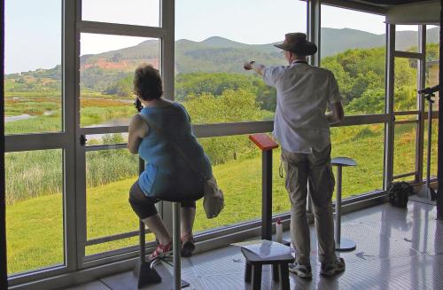 a man and a woman looking out of a window at Urdaibai Bird Center in Gautegiz Arteaga