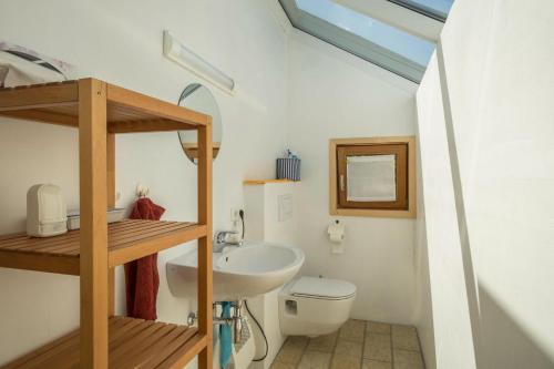 a small bathroom with a sink and a toilet at Haus der Sinne Bregenzerwald in Tannen