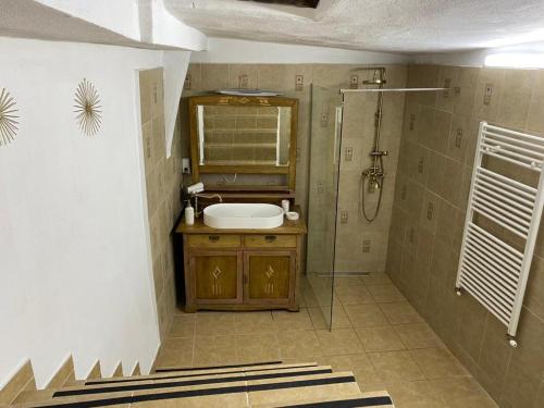 a bathroom with a sink and a shower at Casa Poetului in Sibiu