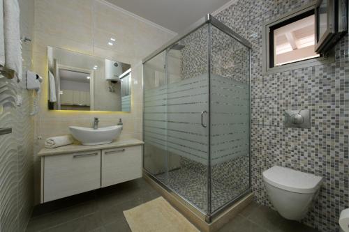 a bathroom with a shower and a toilet and a sink at Villa Boukari Beach in Boukari