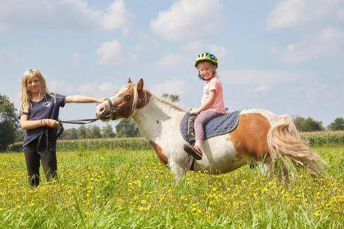 a young girl riding on a horse in a field at Flairhotel Hubertus in Bad Zwischenahn