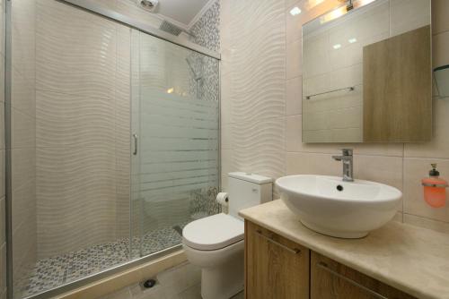 Un baño con lavabo, inodoro y ducha. en Villa Boukari Beach, en Boukari