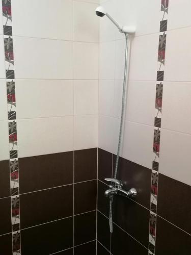 a shower in a bathroom with black and white tiles at Villa Mareli in Tsarevo