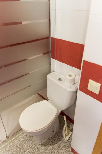 a bathroom with a white toilet in a room at Apartamentos Quintasol in Malgrat de Mar
