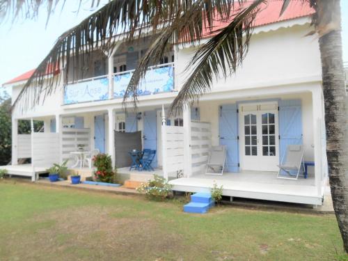 a white house with chairs and a palm tree at Sur L'Anse in Terre-de-Haut