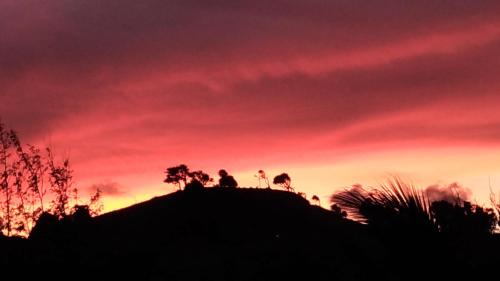 een groep mensen bovenop een heuvel bij zonsondergang bij Sur L'Anse in Terre-de-Haut