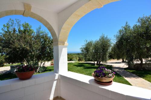 an arched window with two pots of flowers on a wall at AGRITURISMO Masseria Spetterrata in Cisternino