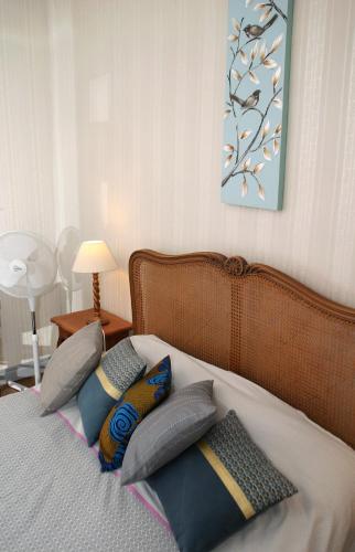 une chambre avec un lit avec des oreillers dessus dans l'établissement Terre d'espérance, à Saint-Aignan