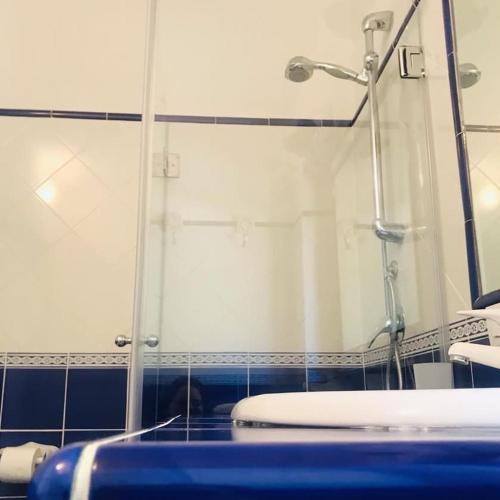 a bathroom with a glass shower and a toilet at Il carrubo B&b in Maratea