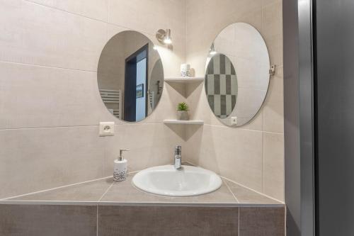 łazienka z 2 lustrami i umywalką w obiekcie Travel Homes - L'Alsacien, près de la ville w Miluzie