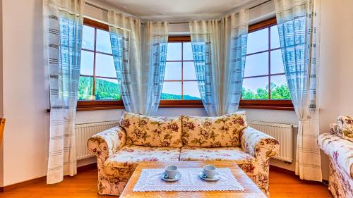 uma sala de estar com um sofá e janelas em Apartament Leśny - 5D Apartamenty em Szklarska Poręba