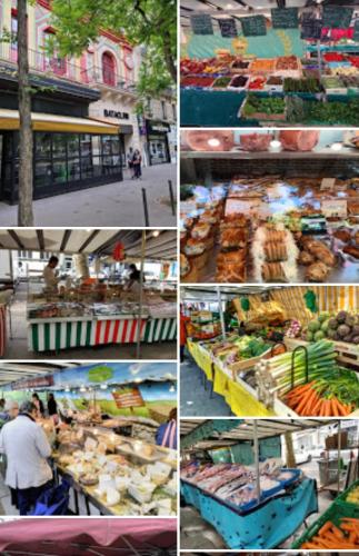 un collage d’images d’un marché avec des denrées alimentaires différentes dans l'établissement Paris- Opéra Bastille, à Paris