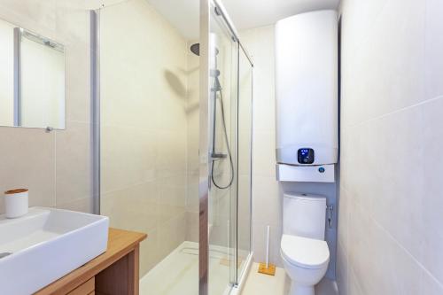 une salle de bain avec toilettes, lavabo et douche dans l'établissement Bel appartement (2p) en plein Centre d’Antibes, à Antibes