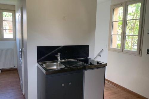 a kitchen with a sink and a counter top at Studio indépendant dans maison neuve in Senlis