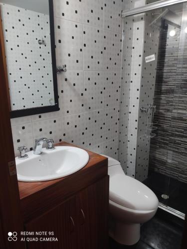 La salle de bains est pourvue d'un lavabo, de toilettes et d'un miroir. dans l'établissement Apartamento en Mosquera, à Mosquera