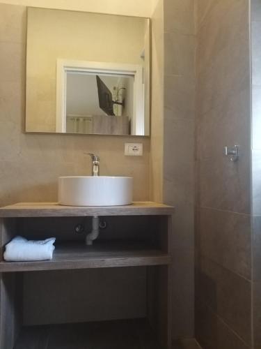 La salle de bains est pourvue d'un lavabo, d'un miroir et d'une douche. dans l'établissement B&B La Dolce Vita, à Campomarino