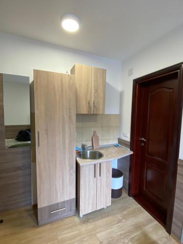 a small kitchen with a sink and wooden cabinets at Vila Zlatarka in Nova Varoš