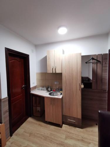 a kitchen with wooden cabinets and a sink at Vila Zlatarka in Nova Varoš