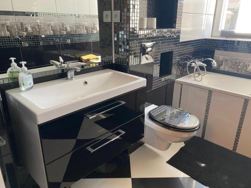 a bathroom with a sink and a toilet at AtmosferA in Bydgoszcz