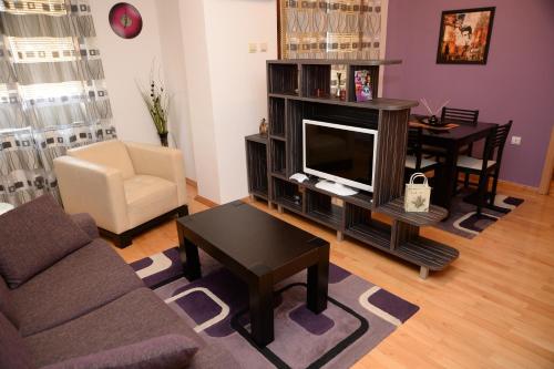 a living room with a couch and a tv and a table at Exclusive Skopje Apartments in Skopje