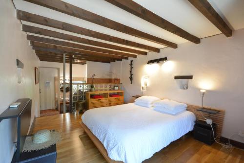 a bedroom with a large white bed and a television at chambres d hotes Le Mas Julien piscine chauffée adult only in Orange