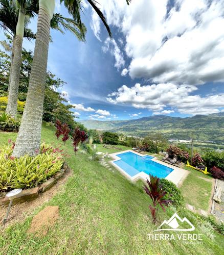 a swimming pool in a yard with a palm tree at Finca Hotel Tierra Verde in Girardota
