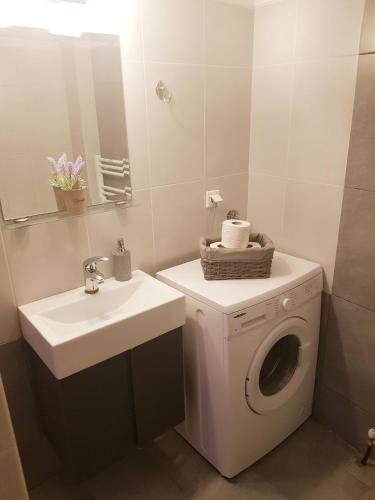 a bathroom with a washing machine and a sink at FREE PRIVATE PARKING # MAGENTA RUBY # DTerra Apartments in Thessaloniki