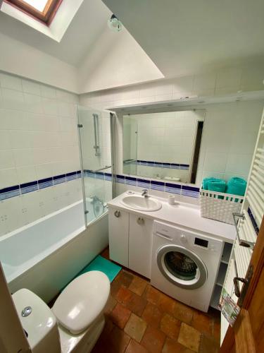La salle de bains est pourvue de toilettes, d'un lavabo et d'un lave-linge. dans l'établissement Le nid normand, à Honfleur