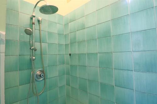a bathroom with a shower with blue tiles at Relais Delle Rose in Lecce