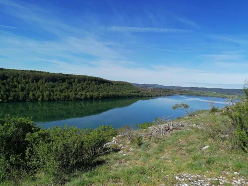 uma vista para um lago com árvores à distância em Chez Catherine & Patrick em Fontenu