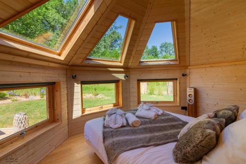 una camera da letto in una baita di tronchi con finestre di Cabane Spa belle étoile a Soulaures