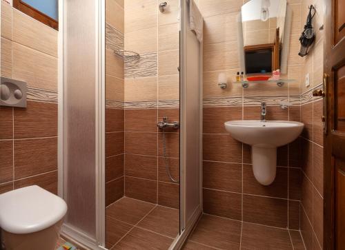W łazience znajduje się prysznic, toaleta i umywalka. w obiekcie Flores Hotel Alaçatı w mieście Alaçatı