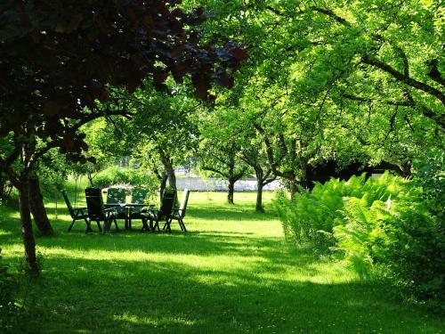 un parco con tavolo e sedie in erba di Pension Rainhof a Kitzbühel