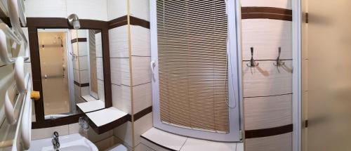 a bathroom with a shower and a toilet and mirrors at Agroturystyka Relaks in Orzeszkowo