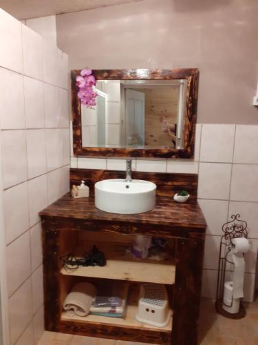 Saint-Sernin-du-Bois的住宿－Le grand bonheur，一间带水槽和镜子的浴室