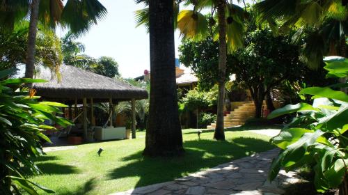 a yard with palm trees and a house at Hotel Aconchego Porto de Galinhas in Porto De Galinhas