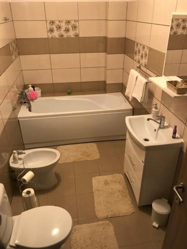 a bathroom with a tub and a toilet and a sink at Eli’s Apartament in Piatra Neamţ