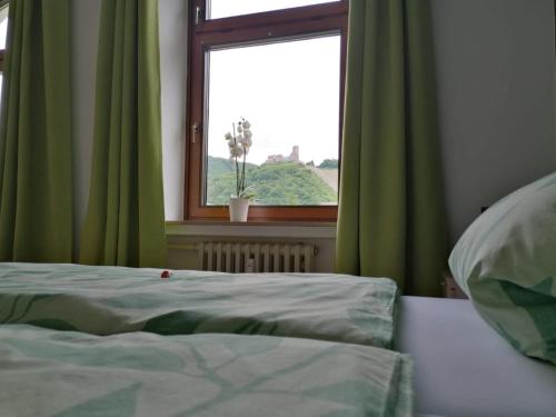 a bedroom with a bed and a window with green curtains at Mosel-Ferienwohnung Bewo in Bernkastel-Kues