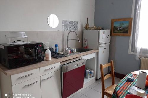 une petite cuisine avec un micro-ondes et un évier dans l'établissement Devant le canal, trois grandes chambres, 85m2, animaux bienvenus, à Lere