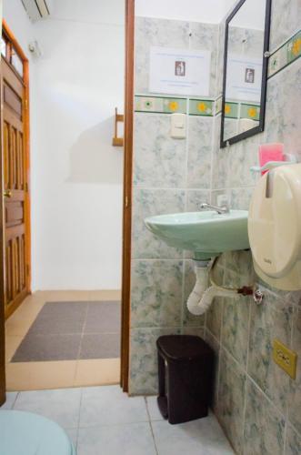 a bathroom with a green sink and a toilet at Casa de Huespedes "Darling" in Puerto Baquerizo Moreno
